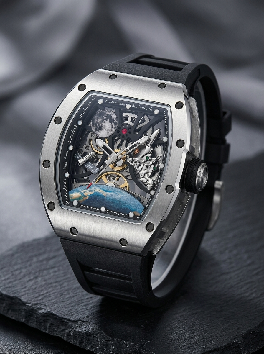Skeleton Space Watch — Automatic Mechanical · Moon & Earth Dial · Hand-Assembled