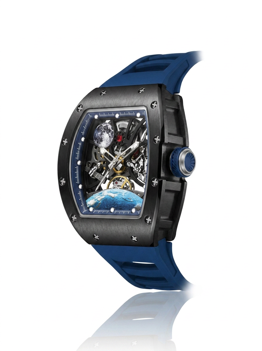 Skeleton Space Watch — Blue Edition · Automatic Mechanical · Moon & Earth Dial · Hand-Assembled