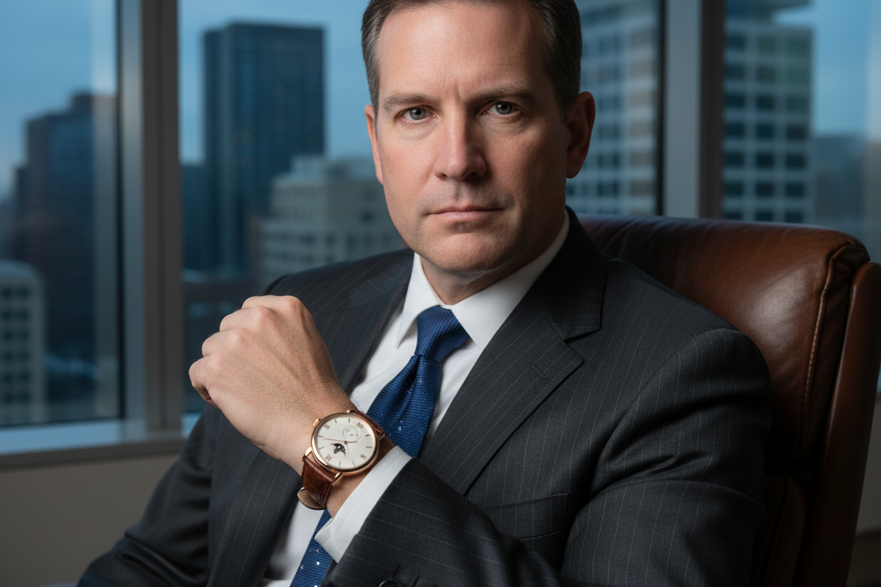 maak een foto met een man uit USA die zakelijk kijkt met een mooie vintage horloge.