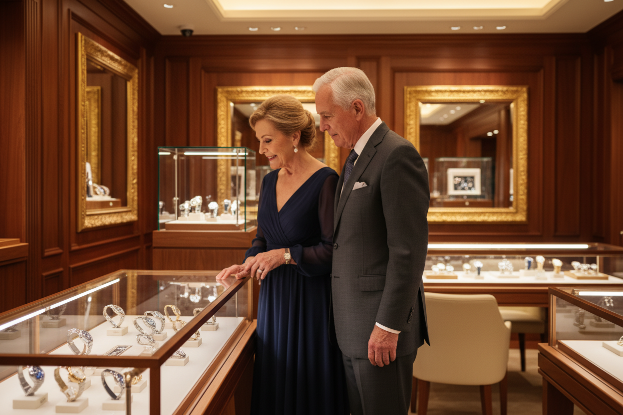 Make a old usa men and women couple standing next to each outher in a watch boutique pls