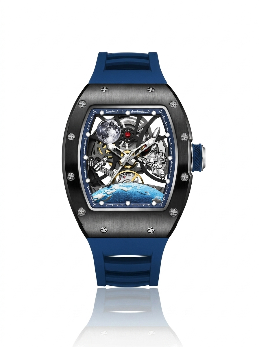 Skeleton Space Watch — Blue Edition · Automatic Mechanical · Moon & Earth Dial · Hand-Assembled